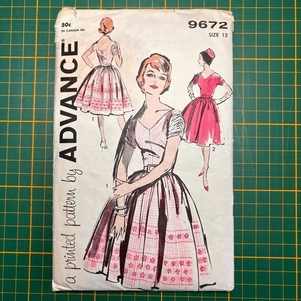 Vtg 50s Advance 9672 Belted Dress w/ Gathered Sleeves Sewing Pattern Women Sz 12